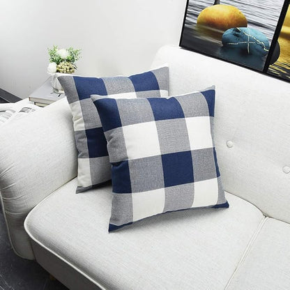 Artaimee Dark Blue & White Buffalo Check Plaid Throw Pillow Covers – 18 x 18 Inches, Pack of 2 – Soft Cotton Linen Cushion Case for Sofa, Couch, Bed, and Home Décor