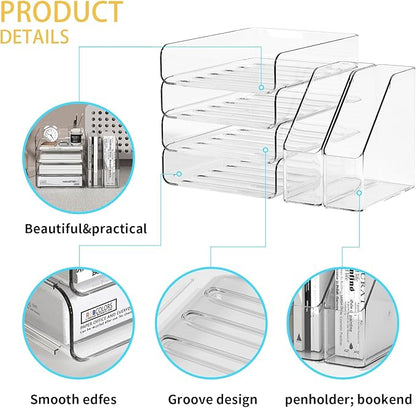 4-Tier Brown Acrylic Paper Tray Organizer for Desk + 2 Bookends – Stackable Letter Tray, Acrylic Desk Accessories/File Organizer, Office Paper Organizer