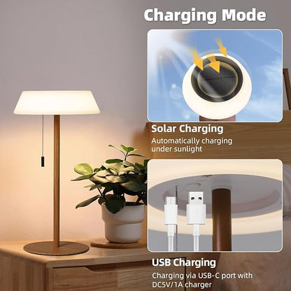 Solar LED Outdoor Table Lamp Waterproof, 3 Level Dimmable Desk Night Light, Portable Cordless USB Rechargeable, for Home/Deck/Patio/Garden (Wood Grain)