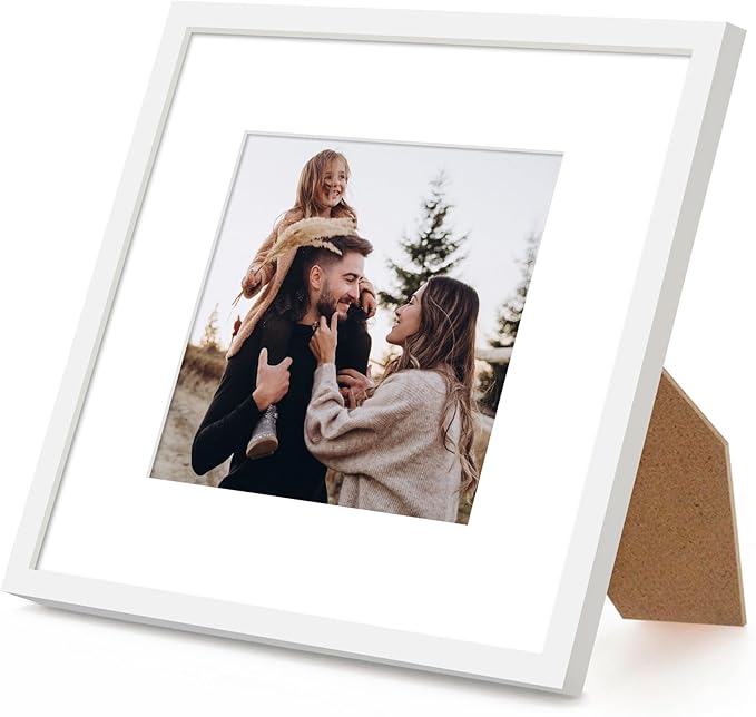 Americanflat 8x8 Picture Frame with Shatter-Resistant Glass - Use as 5x5 Frame with Mat or Display 8x8 Photo Without Mat - Streamline Collection - Square Frames for Tabletop or Wall - White