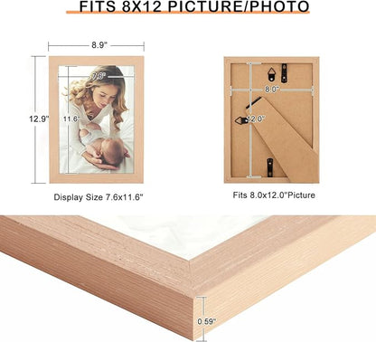 8x12 Picture Frame Natural Woodgrain,Rustic 12x8 Picture Frame Beige, Pic Hanging Poster Frame, 8 by 12 Gallery Family Portrait Photo Frame Horizontal and Vertical Display for Wall Hanging/Tabletop