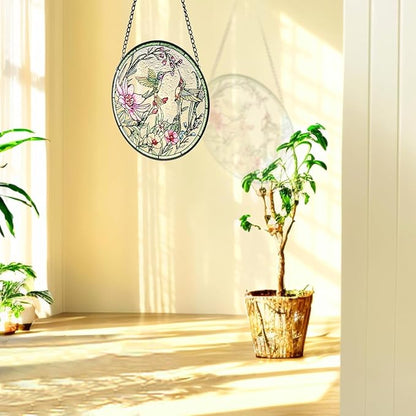 Remiawy Stained Glass Window Hanging Hummingbird Window Suncatcher 8 Inch Glass Panel with Metal Chain and Hooks Sun Catchers Indoor Wall Art Home Decor Gift for Bird Lovers Women Mother's Day