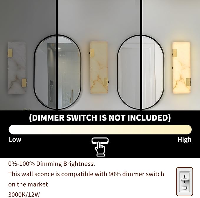 Modern Brass and Alabaster Wall Sconce 14.17in with Spanish Marble and an Elegant Dimmable LED (3000K Warm Light) for Bedroom Living Room Hallway