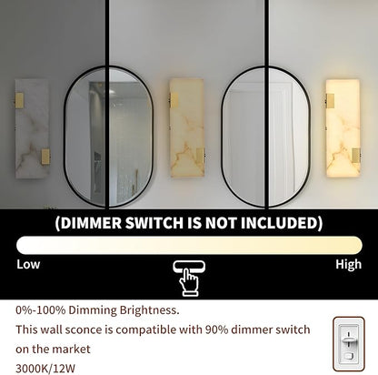 Modern Brass and Alabaster Wall Sconce 14.17in with Spanish Marble and an Elegant Dimmable LED (3000K Warm Light) for Bedroom Living Room Hallway