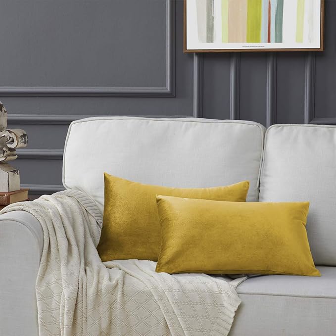 GIGIZAZA Yellow Velvet 20x12 Lumbar Decorative Throw Pillow Covers for Sofa Bed 2 Pack Soft Cushion Cover