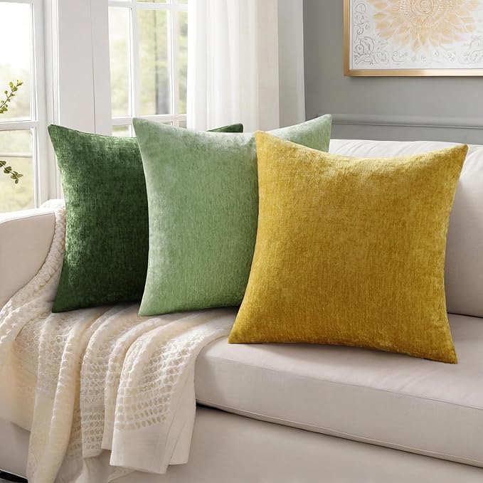 decorUhome Chenille Sage Green Spring Throw Pillow Covers 22x22 Inch Set of 2, Decorative Soft Couch Pillow Covers Solid Dyed Accent Farmhouse Neutral Square Pillow Cases for Sofa