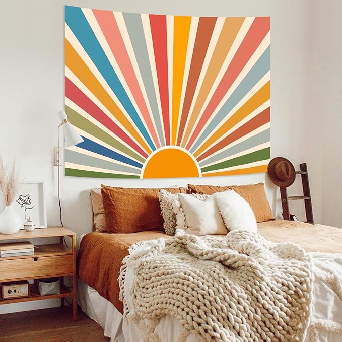 Kanuyee Boho Burning Sun Tapestry Wall Hanging, Retro 70s Abstract Vintage Geometric Rainbow Sunrise Tapestries for Bedroom Living Room Backdrop 36×48 inch