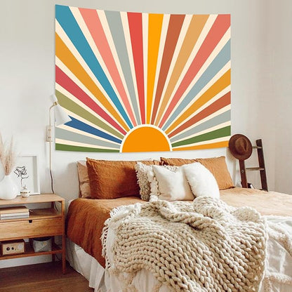 Kanuyee Boho Burning Sun Tapestry Wall Hanging, Retro 70s Abstract Vintage Geometric Rainbow Sunrise Tapestries for Bedroom Living Room Backdrop 44×60 inch