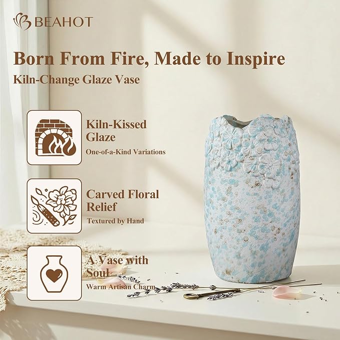 BEAHOT Ceramic Vases Set of 3 – 6.7-inch Handmade Blue & White Pottery Trio with Speckled Glaze – Decorative Flower Vases Home Decor for Table Mantel Entryway Shelf Living Room Kitchen Bathroom
