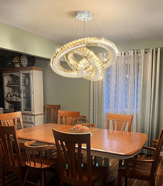3 Rings LED Chandelier Modern Dimmable Dining Room Chanderliers Entryway Crystal Pendant Lights for Kitchen Bedroom Living Room Silver Light