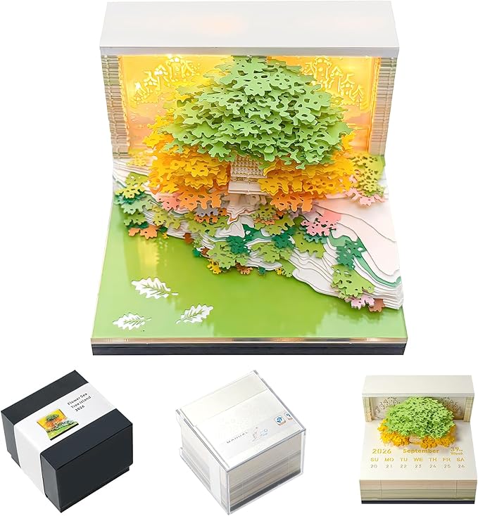 3D Calendar 2026, Desk Calendar With LED Light, 3d Tree Memo Pad Creative Desk Calendar, Christmas Gift for Colleague Friend, Desktop Decoration