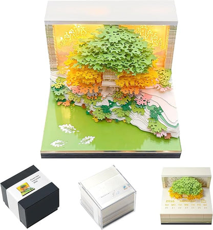 3D Calendar 2026, Desk Calendar With LED Light, 3d Tree Memo Pad Creative Desk Calendar, Christmas Gift for Colleague Friend, Desktop Decoration