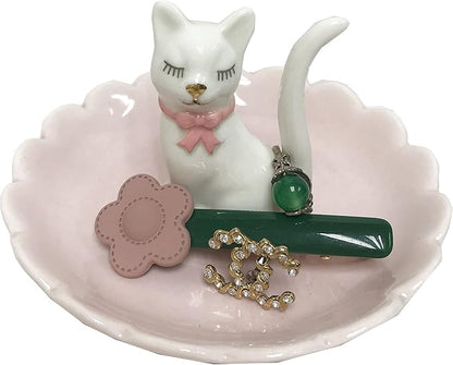 ROSA&ROSE Cat Ring Holder Trinket Tray Ceramic Jewelry Dish Porcelain Ring Organizer Gift for Women, Girlfriend or Valentine's Day (White/Pink)