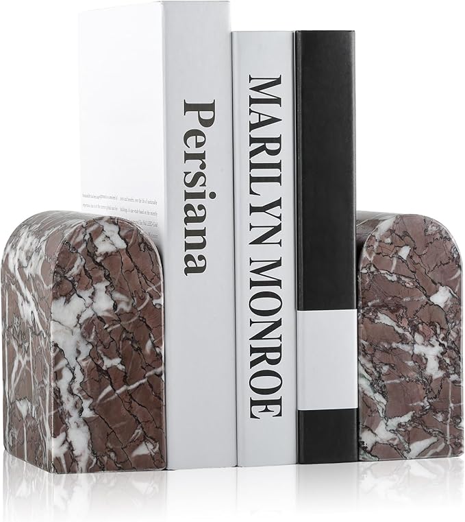Koville Turkish Natural Marble Bookends for Shelves, Decorative Book Ends, 13lbs Heavy-Duty Marble Book Holders, Bookshelf Apartment Decor for Normal Books/CD/Video Games(Leopard)