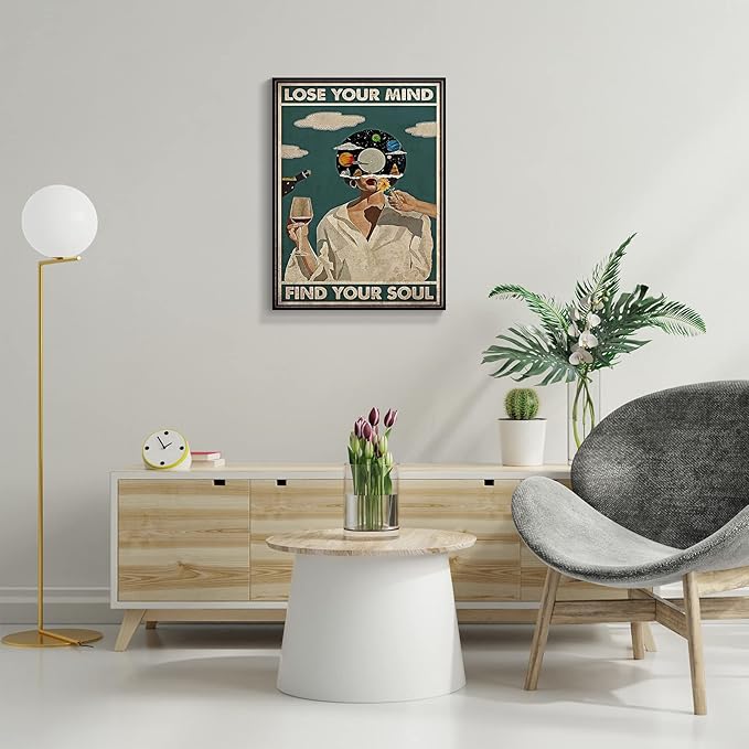 Framed Art Vintage Lose Your Mind Find Your Soul Poster Mental Health Quote Canvas Wall Art Posters Cool Unique Music Girl Print Painting Abstract Wall Decor for Bed Room Bathroom 16x24in