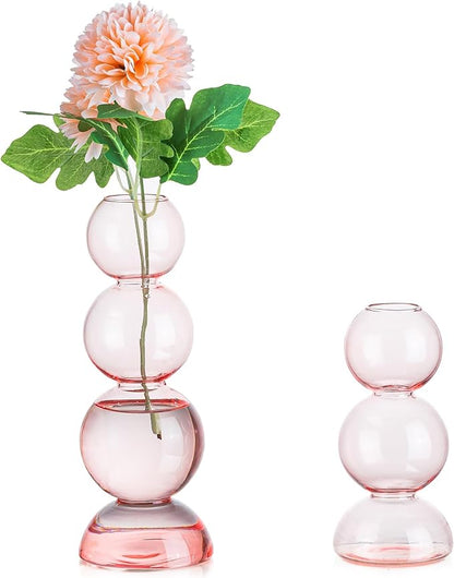 Glasseam Pink Vase for Flowers, Cute Handmade Glass Vase Set of 2, Aesthetic Small Bud Vase Decor, Unique Hydroponic Plant Vases, Decorative Round Ball Bubble Vase for Living Room Decorations