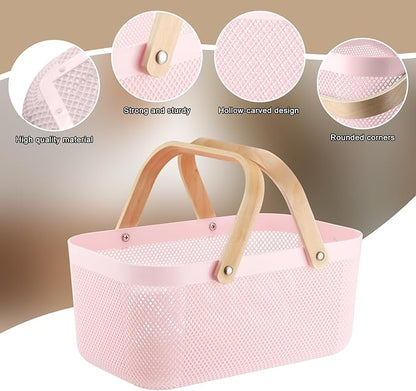 Sadnyy 4 Pcs Plastic Mesh Garden Harvest Basket Storage Basket with Wooden Handle Multi Functional Mesh Bin for Kitchen Cabinet Picnic Fruit Vegetable Gathering Organizer(Large,Pink)