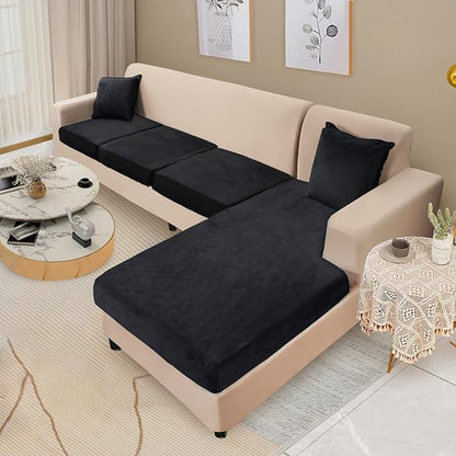 NAISI Sectional Couch Cover 4 Pieces Velvet Separate Couch Cushion Covers L Shape Soft Stretch Sofa Slipcovers with 2pcs Pillowcases for Left/Right Chaise Sectional Couch(3 Seater+1 Chaise,Black)