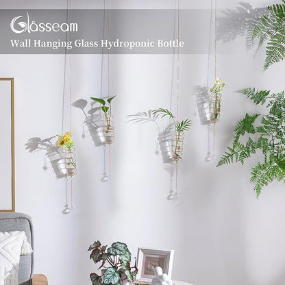 Glasseam Hanging Propagation Stations with Crystal Suncatchers Glass Wall Planters for Indoor Plants Hydroponics - 4Pcs Propagation Tubes Jars with Metal Chain for Home Decor - Unique Gift for Women