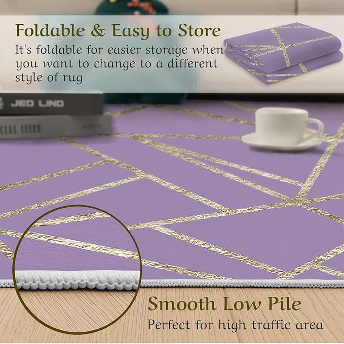 Modern Geometric Purple Area Rug, Premium Art Rug for Living Room and Bedroom, Soft And Wear-Resistant, Non-Slip Bottom, Gold Line Decoration Design, Stylish And Simple Indoor Decoration,2 x 3ft