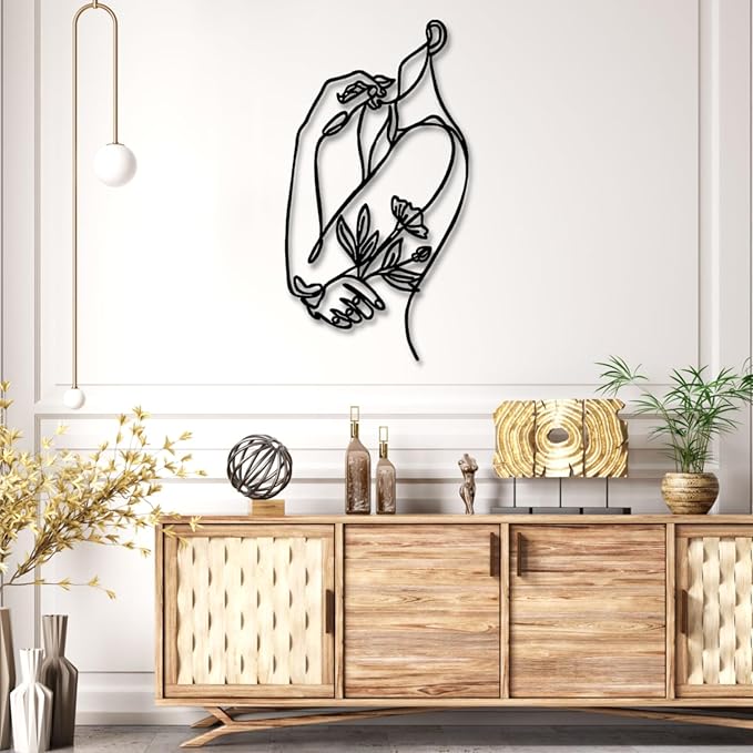 Metal Line Wall Art, Flower Woman Metal Wall Art, Metal Line Art Wall Decor, Woman Shape Wall Art, Female Body Wall Art, Abstract Line Wall Art, Living Room Bedroom Bathroom Wall Hanging (31"x 59"| 81x150cm, Black)