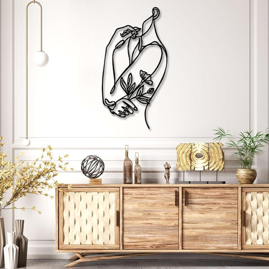 Metal Line Wall Art, Flower Woman Metal Wall Art, Metal Line Art Wall Decor, Woman Shape Wall Art, Female Body Wall Art, Abstract Line Wall Art, Living Room Bedroom Bathroom Wall Hanging (18"x 35"| 48x90cm, Black)