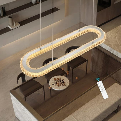 LED Ring Chandelier Oval Rings Pendant Lights for Dining Table Kitchen Island Remote Dimmable Hanging Light Chandeliers for Entryway Living Room Crystal Lighting Silver