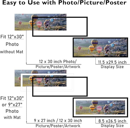 12x30 Picture Frame with 9x27 Mat Set of 2, Display Photo 9x27 with Mat or 12 x 30 Without Mat, Wall Hanging Large 12 by 30 Poster Frame with Plexiglass, 2 Pack, Black
