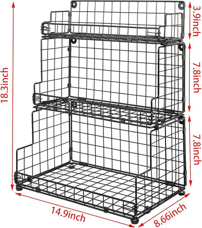 X-cosrack Stackable Wire Basket 3 Tier Countertop& Wall Mounted Metal Storage Basket for Kitchen Pantry Cabinet, Muti-functional Open Front Bin Organizer for Food Fruit Snack, Black