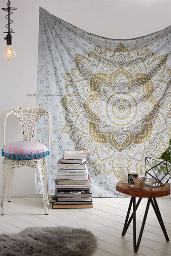 raajsee Metallic Gold Tapestry Mandala Wall Hanging- Bohemian Dorm Decor Hippie Tapestries Twin 52x82 inches-Boho Bedding Beach Throw Blanket White Golden bedspread meditation yoga mat throw