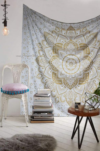 raajsee Metallic Gold Tapestry Mandala Wall Hanging- Bohemian Dorm Decor Hippie Tapestries Twin 52x82 inches-Boho Bedding Beach Throw Blanket White Golden bedspread meditation yoga mat throw