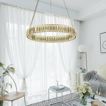 Modern Crystal Chandelier LED Dimmable Pendant Light with Remote 24" Round Ring Crystal Chandeliers for Living Room Dining Room Bedroom