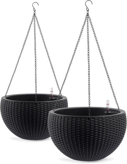 13.5 inch 2Pack Large Hanging Planters for Outdoor/Indoor Plants, Self Watering Hanging Pot with Water Level Indicato, Drainage Holes and Chain for Garden Porch, Black