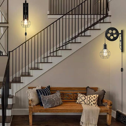 Plug in Wall Sconce Rustic Wall Light Lift Pulley Matte Iron Cage Shade Metal Black Industrial Mid Century Wall Lamp Indoor Lighting Barn Restaurant