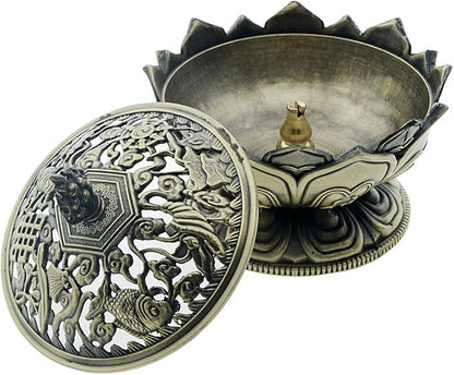 Saim Vintage Lotus Incense Burner Holder,Chinese Buddha Alloy Metal Incense Burner Incense Holder Handmade Censer Bowl Buddhist Decor, Home Decoration-Large-Bronze