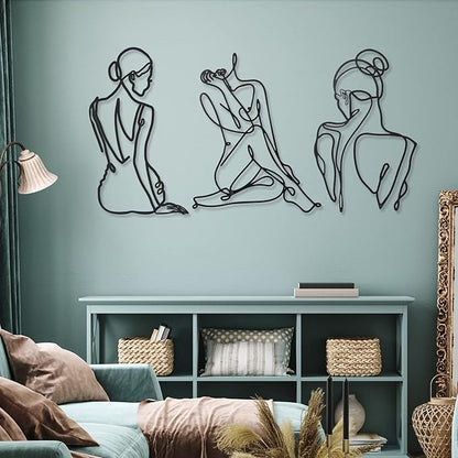 Photect 3 Pcs Metal Wall Art Decor Minimalist Abstract Woman Wall Art Metal Modern Line Drawing Decor Female Single Line Home Hanging for Bedroom Bathroom Living Room Christmas Housewarming(Retro)