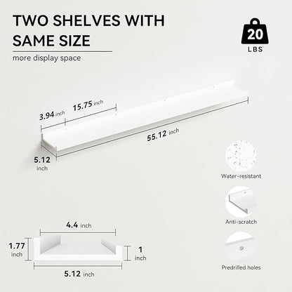 Boswillon 55.1 Inches Long Floating Shelves, 2 Set Rustic Wall Shelf for Bedroom, Nursery Book Shelf with Lip, Picture Ledge Shelf for Living Room, Bathroom, Kitchen - White