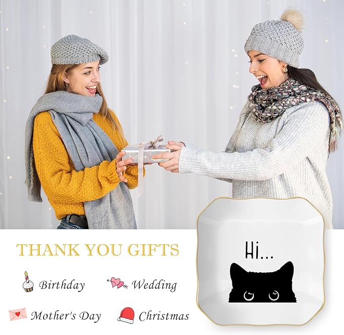 Cute Cat Themed Gifts, Ceramic Jewelry Dish Tray Holder, Trinket Dish, Funny Gifts for Cat Lover Owner Women Friend Birthday, Home Living Room Shelf Desk Table Decor