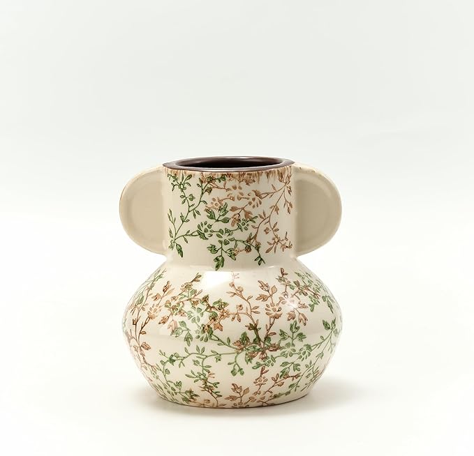 Green and Beige Vintage Pastoral Vase with Handle, 5.63 Inch Ceramic Cracked Chinoiserie Floral Vase, Antique Vases for Rustic Farmhouse Home Decor, Wedding, Living Room, Office, Shelf Decor
