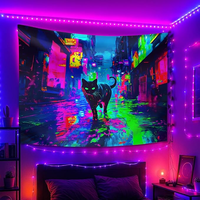 seewan Black Light Reactive Cat Tapestry, Neon Futuristic Urban Street Art, UV-Reactive Cat Tapestry, Sci-Fi Black Cat Wall Decor, Bedroom Dorm Living Room Background Decor