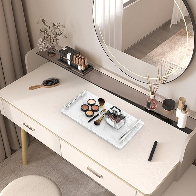Guest Towel Holder Tray for Bathroom,Marble Bathroom Tray with Handles - Napkin Holder for Bathroom & Kitchen -Decorative Tray for Living Room & Cosmetic(Silver,Large)