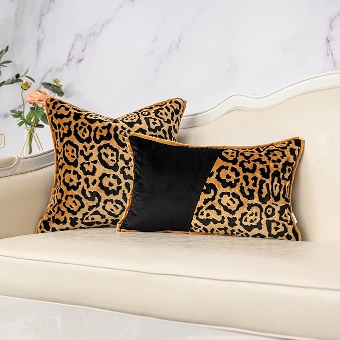 Yangest Black and Gold Square Pillow Cover Cut Velvet Leopard Print Cushion Cover Luxury Modern Pillowcover for Couch Living Room Bedroom,18x18 Inch