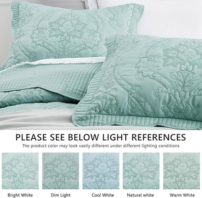 CHIXIN Bedspread Coverlet Quilt Set Full Size - Lightweight Bedding Cover - Beautiful Stitching - 5 Piece Reversible Bedspread - Gorgeous Damask Paisley Pattern (Full, Seaglass)