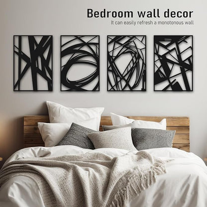 Black Abstract Wall Art, Metal Art Wall Decor, Modern Large Wall Art, 3D Abstract Wall Sculptures for Bedroom Bathroom Living Room (4 Pack, 22.5 x 16 in)