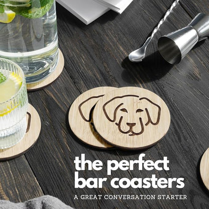 Set of 6 Bamboo Coasters with Holder - 3.9 Inch Fun Dog Coasters - Non-Stick Absorbent Engraved Laser-Cut - Durable, Washable (Labrador)