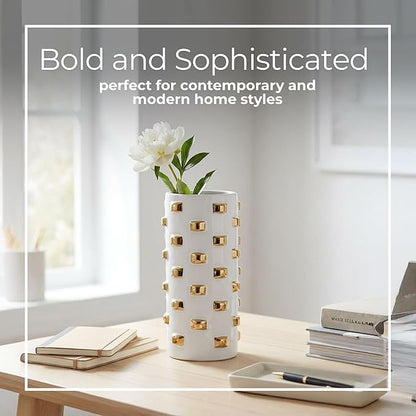 Modern Glam Stoneware Vase with Geometric Accents – Decorative Ceramic Flower Holder – Elegant Home Decor Accent for Living Room, Bedroom, Dining Room, or Office – 11", White and Gold
