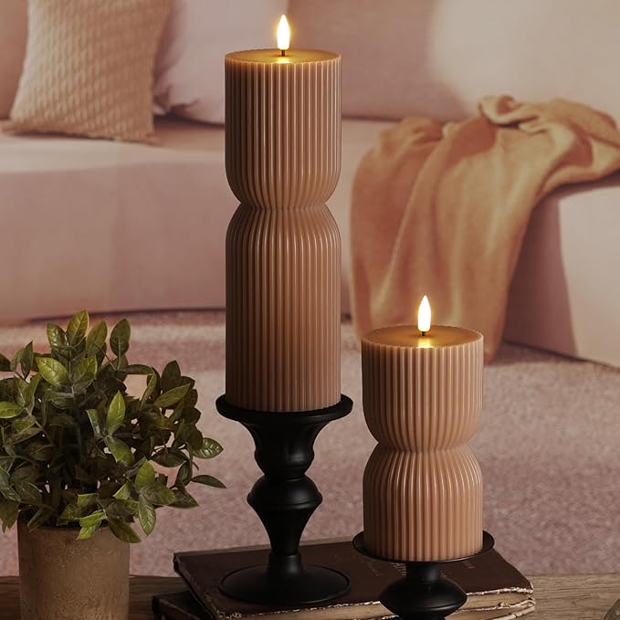Brown Ribbed Flameless Pillar Candles with Remote, Real Wax Flickering Battery LED Candles Christmas Decor Gift Set of 2