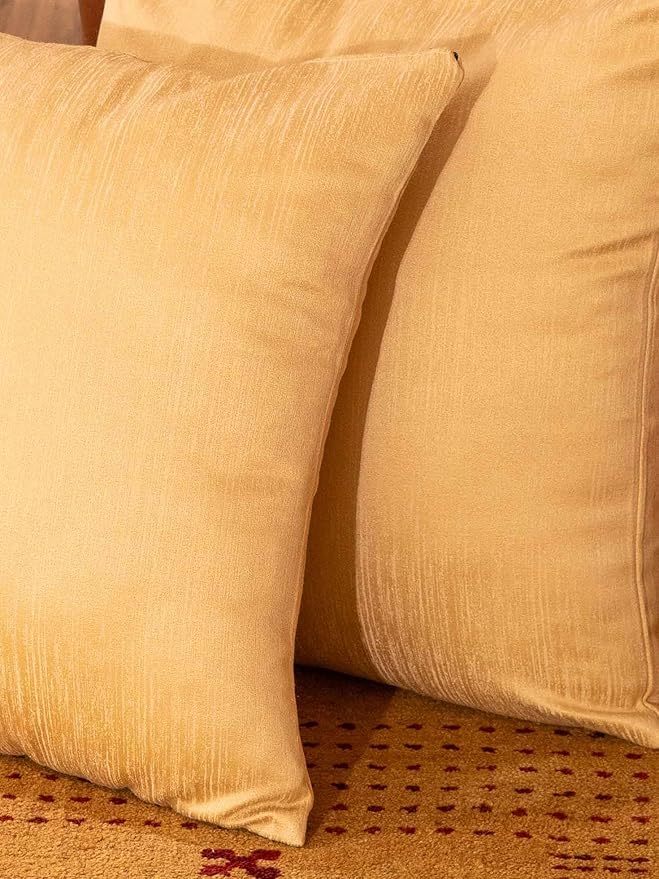 Decorative Cushion Covers, 360 GSM Poly Cotton Jacquard Fabric, Plain Solid Textured, Light Gold, 18" x 18", Handmade, Eco-Friendly, Pack of 2