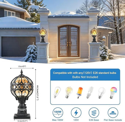 Dusk to Dawn Outdoor Lamp Post Lights, Aluminum Rust-proof Globe Post Light for Porch Front Door Driveway Lawn Garden, Black Sphere Exterior Pillar Post Light, Hardwired 3" Pier Mount Post Lantern