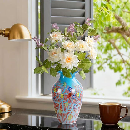 Glass Vases for Flower, Unique Hand Blown Blue Glass Vase, Modern Art Decorative for Home Living Room, Office, Table centerpieces, Bookshelves and Wedding Decorations (JG32)